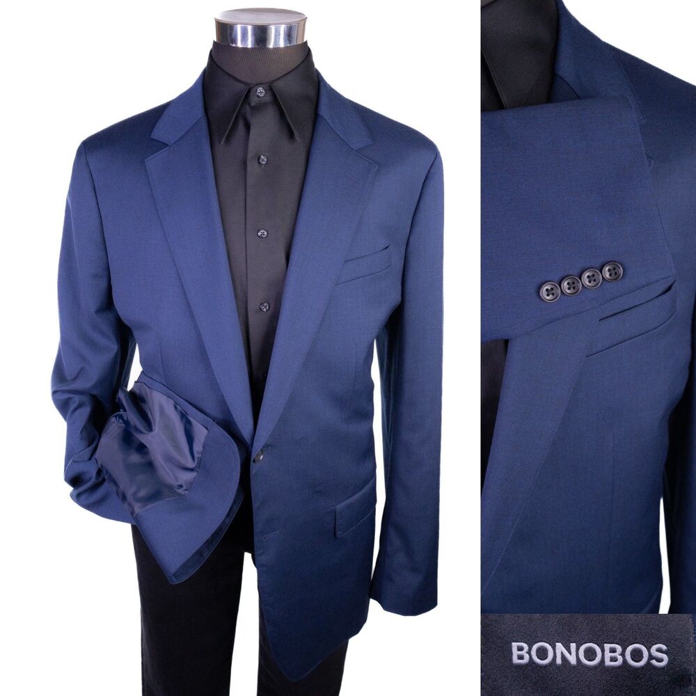 Bonobos Blazer Sport Coat 46L Solid Blue Wool Stretch Slim Fit 2 Button NWOT
